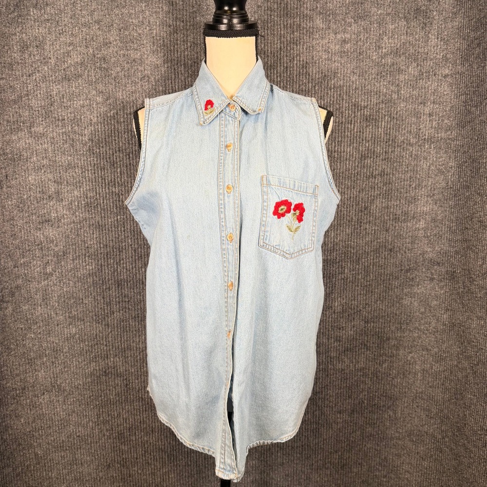 Vintage Long Life Denim Sleeveless Shirt Sz M Poppy Floral Embroidered Western